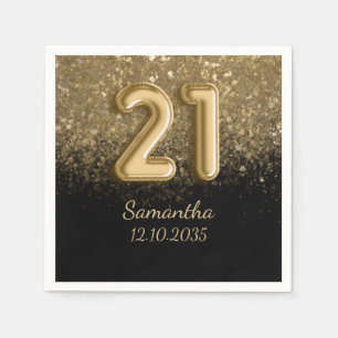 Serviette En Papier Anniversaire 21 ans paillettes or noir élégant