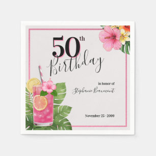 Serviette En Papier Anniversaire 50 ans Cocktail Fleur Tropicale Femme