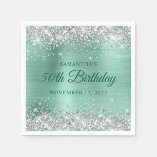 Serviette En Papier Anniversaire 50 ans Paillettes Argentées Vert Turq