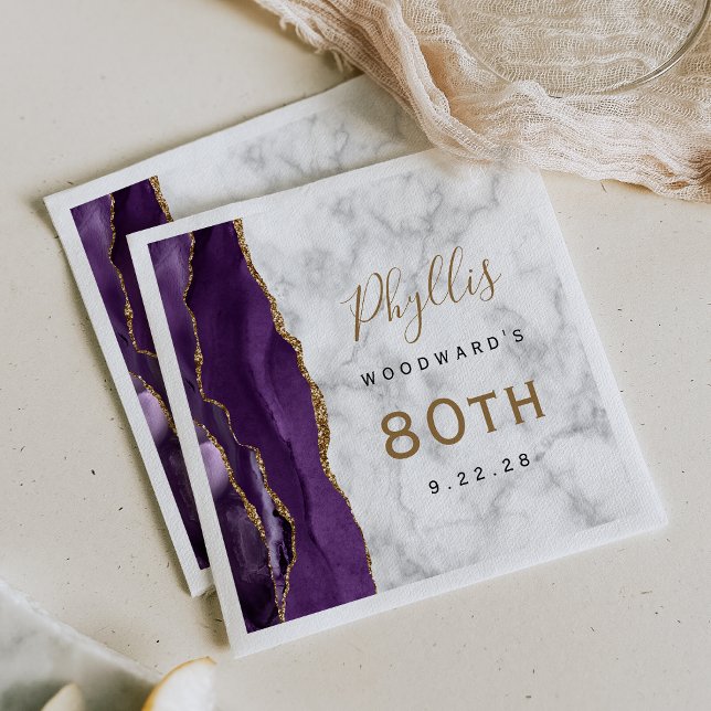 Serviette En Papier Anniversaire 80 ans écriture dorée Marbre Agate Vi (Créateur téléchargé)