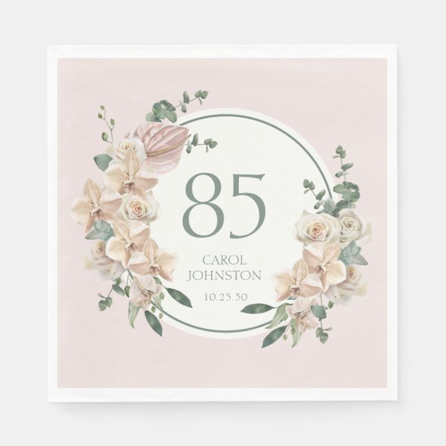 Serviette En Papier Anniversaire 85 ans Floral Tropical (Devant)