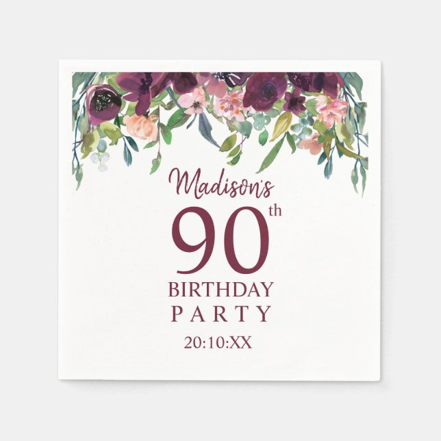 Serviette En Papier Anniversaire 90 ans | Burgundy Marsala Floral Part (Devant)