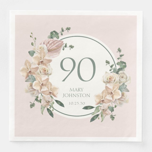 Serviette En Papier Anniversaire 90 ans Tropical Floral (Devant)