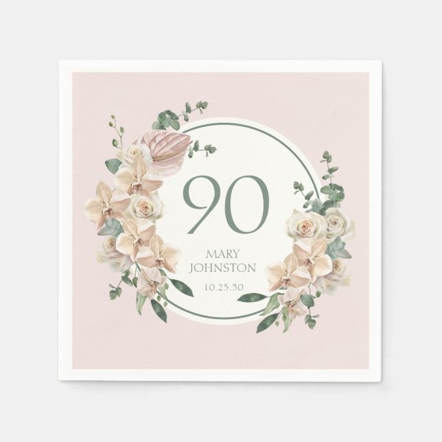 Serviette En Papier Anniversaire 90 ans Tropical Floral (Devant)