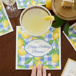 Serviette En Papier Anniversaire à carreaux bleus et jaunes citron