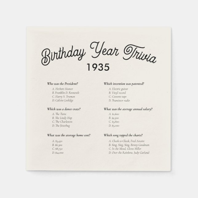 Serviette En Papier Anniversaire Année Trivia Game Party Napkins (Devant)