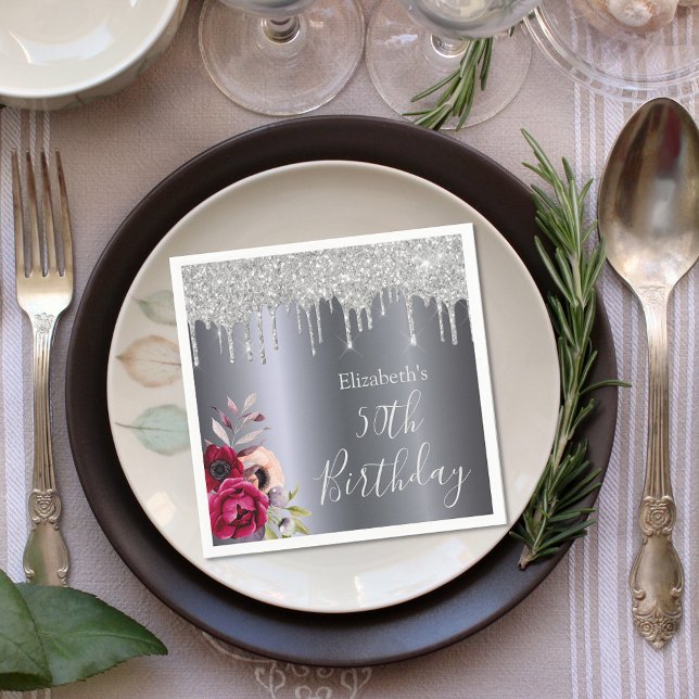 Serviette En Papier Anniversaire argent parties scintillant goutte-à-g (Créateur téléchargé)