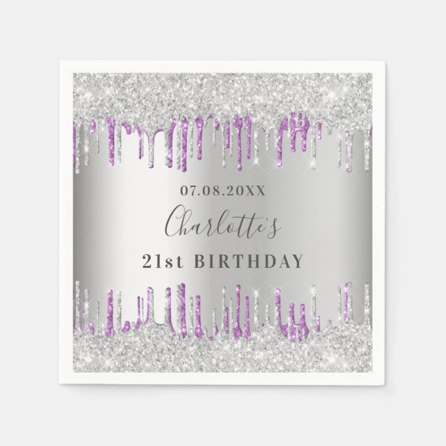 Serviette En Papier Anniversaire argent violet parties scintillant gou (Devant)