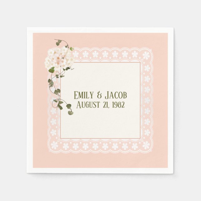 Serviette En Papier Anniversaire Blanc Dentelle Sur Rose Pêche (Devant)