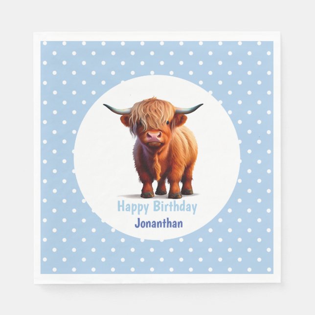 Serviette En Papier Anniversaire bleu de Cow Highland (Devant)