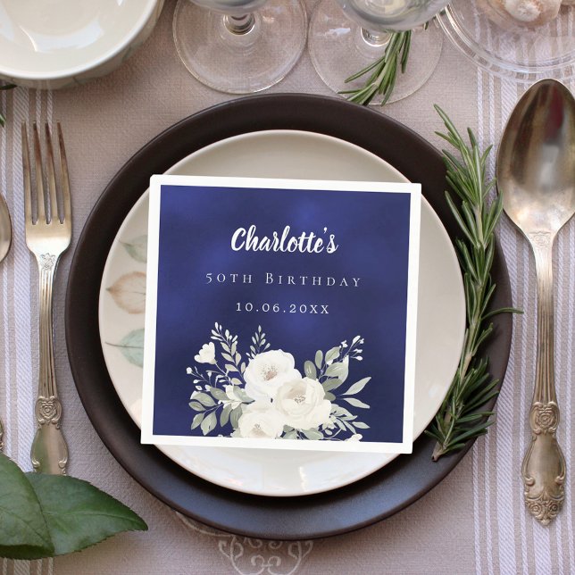 Serviette En Papier Anniversaire bleu marine floral blanc rose (Créateur téléchargé)