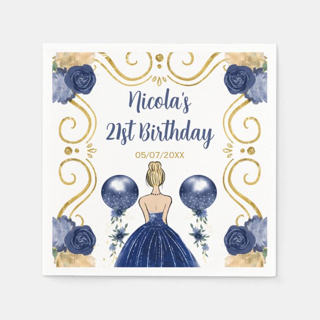 Serviette En Papier Anniversaire Blonde Princesse en bleu marine (Devant)