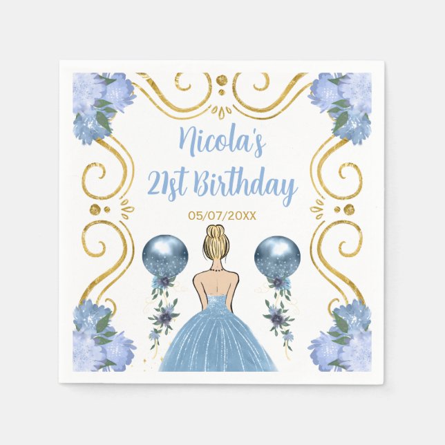 Serviette En Papier Anniversaire Blonde Princesse en Dusty Blue (Devant)