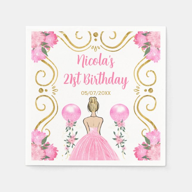 Serviette En Papier Anniversaire Blonde Princesse en rose (Devant)