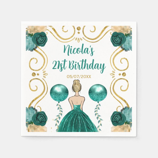 Serviette En Papier Anniversaire Blonde Princesse en Turquoise (Devant)