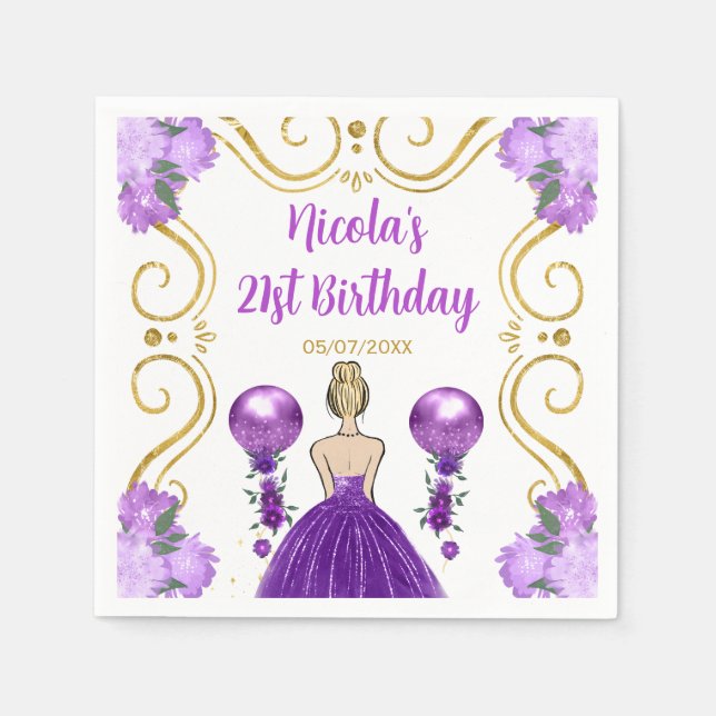 Serviette En Papier Anniversaire Blonde Princesse en violet (Devant)
