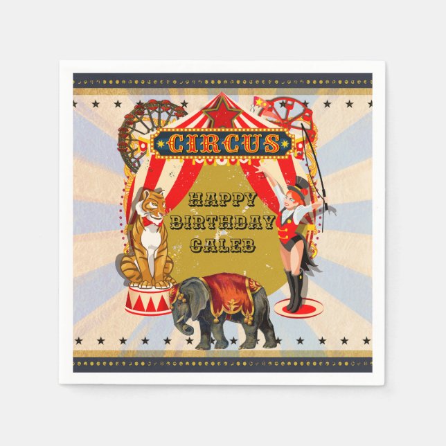 Serviette En Papier Anniversaire Cirque Rétro Vintage Personnalisé (Devant)