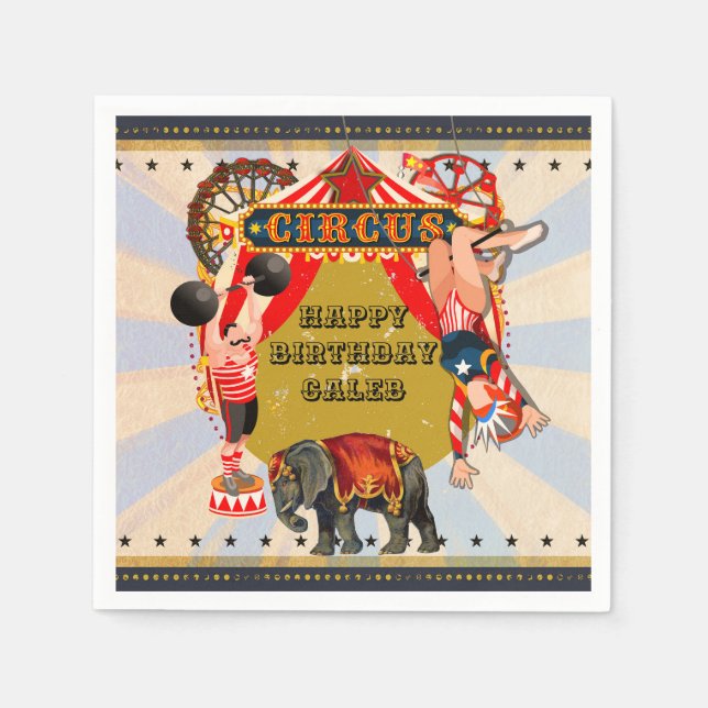 Serviette En Papier Anniversaire Cirque Rétro Vintage Personnalisé (Devant)