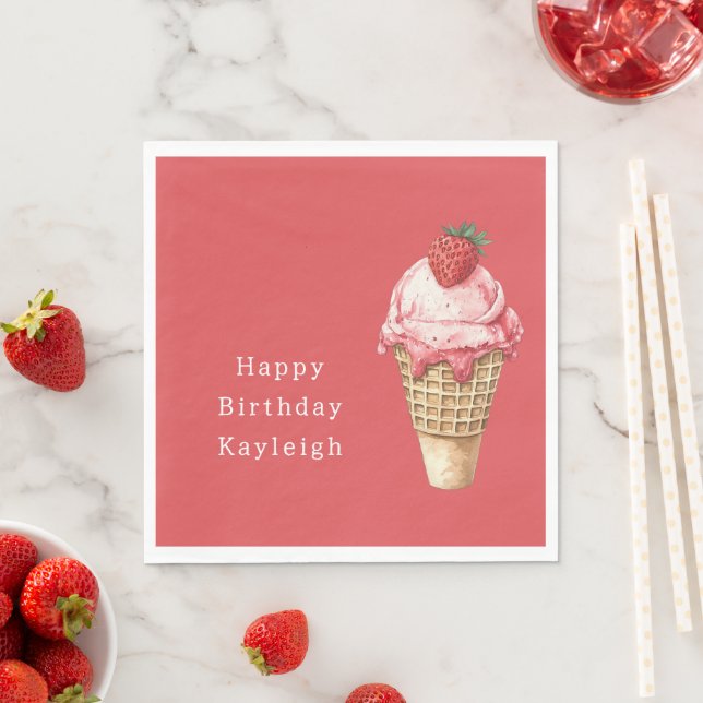 Serviette En Papier Anniversaire Cône de Glace à la Fraise (En situation)