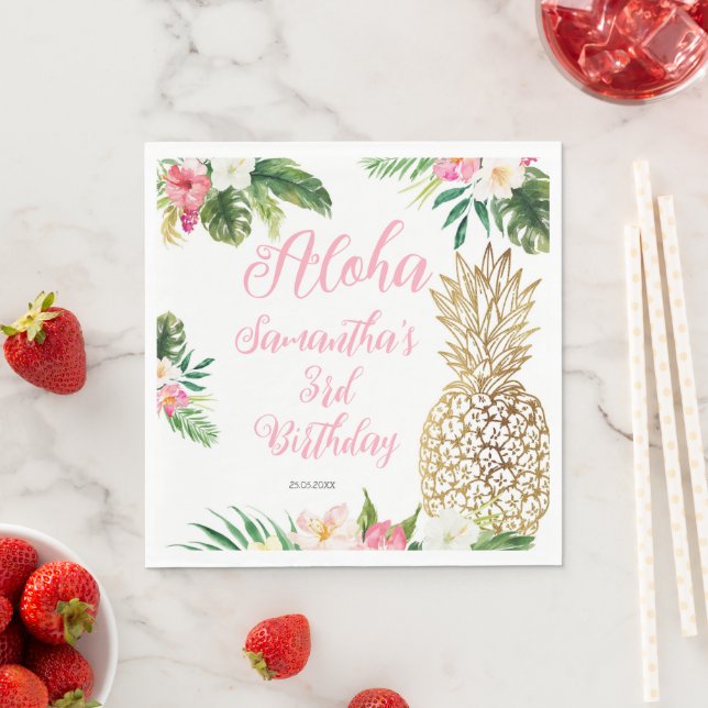 Serviette En Papier Anniversaire d'Aloha Luau Hawaiian Gold Pineappy (En situation)