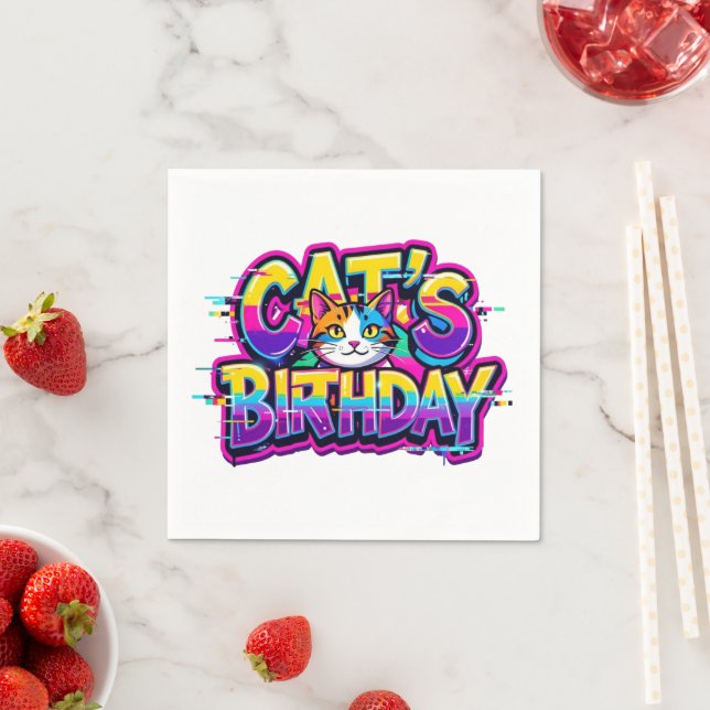 Serviette En Papier Anniversaire de chat Arc-en-ciel Glitch (En situation)