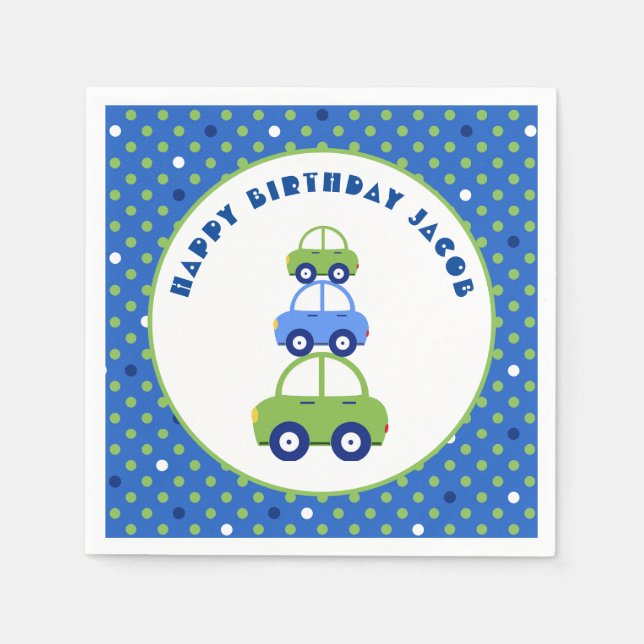 Serviette En Papier Anniversaire de enfant de voiture vert et bleu (Devant)