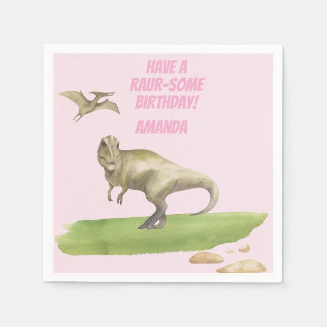 Serviette En Papier Anniversaire de fille dinosaure  (Devant)