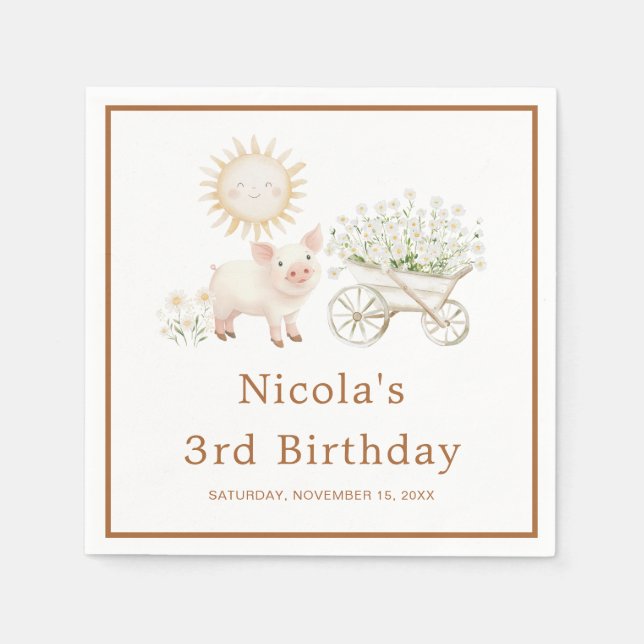 Serviette En Papier Anniversaire de la brouette de cochon mignon (Devant)