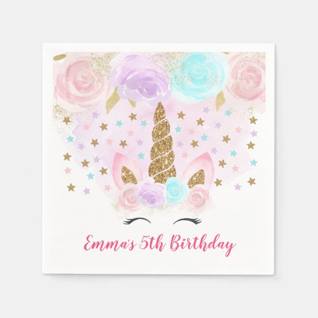 Serviette En Papier Anniversaire de la licorne rose et or (Devant)