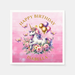 Serviette En Papier Anniversaire de la licorne rose, pourpre et or