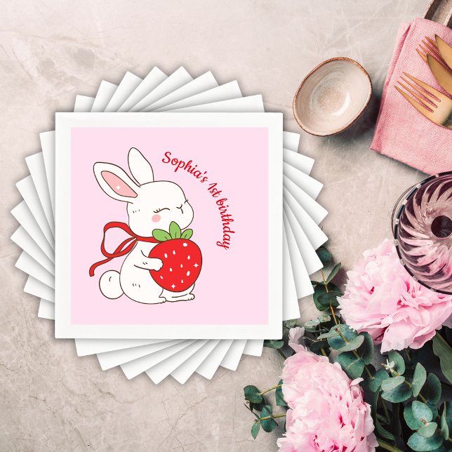 Serviette En Papier Anniversaire de Lapin Rose Fraise (Créateur téléchargé)