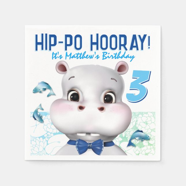 Serviette En Papier Anniversaire de l'enfant hippopotame bleu poisson (Devant)