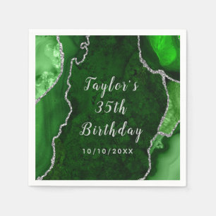Serviette En Papier Anniversaire de marbre d'agate verte et argentée
