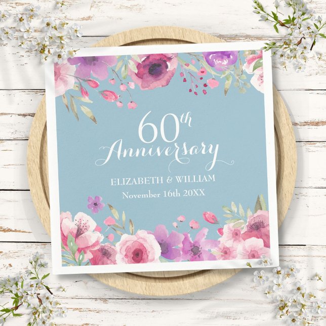 Serviette En Papier Anniversaire de mariage de 60 ans Roses aquarelle  (60th Wedding Anniversary Watercolor Roses Floral Napkins)