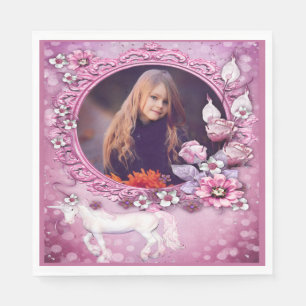 Serviette En Papier Anniversaire de Photo de Licorne Florale Rose