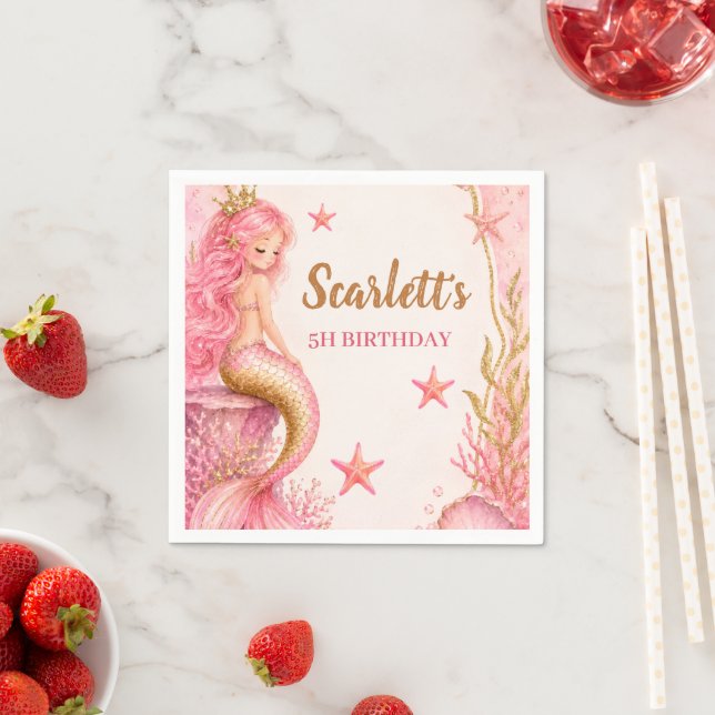 Serviette En Papier Anniversaire de Sirène Rose & Or (En situation)