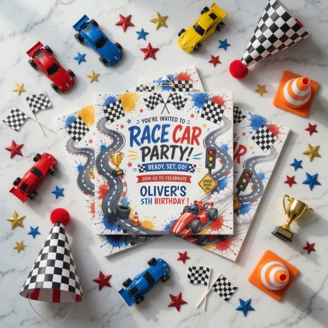 Serviette En Papier Anniversaire de voiture de course | Fête de course (Créateur téléchargé)