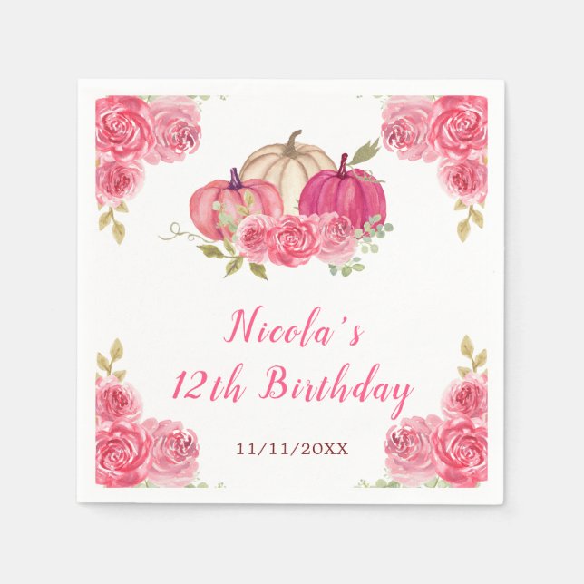 Serviette En Papier Anniversaire des Citrouilles de fleurs roses chaud (Devant)