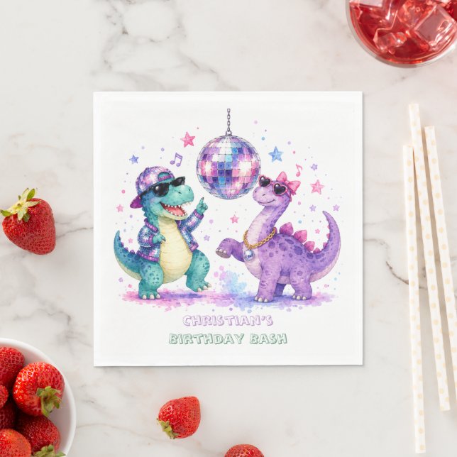 Serviette En Papier Anniversaire Dinosaure Disco Aquarelle (En situation)