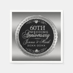 Serviette En Papier Anniversaire du 60e Mariage en argent et noir