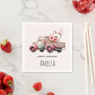 Serviette En Papier Anniversaire du camion Vintage rose