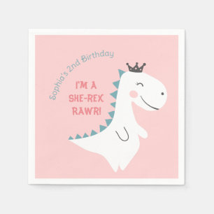 Serviette En Papier Anniversaire du Dinosaure Dino Rose Rose et Minusc