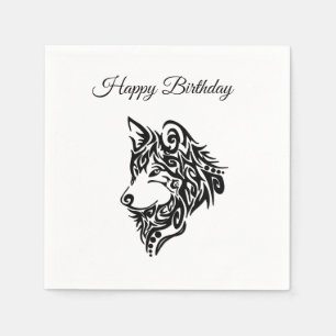 Serviette En Papier Anniversaire du loup tribal noir