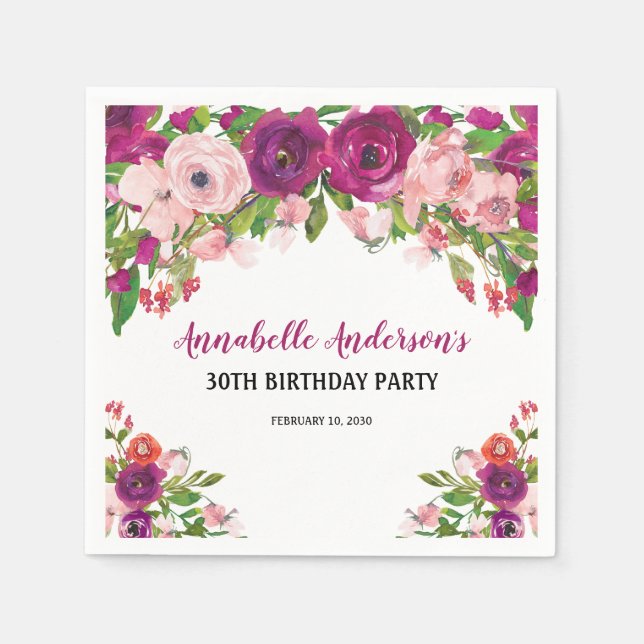 Serviette En Papier Anniversaire élégant floral rose violet aquarelle (Devant)