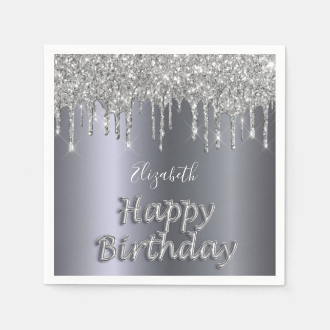 Serviette En Papier Anniversaire fête argent parties scintillant goutt (Devant)