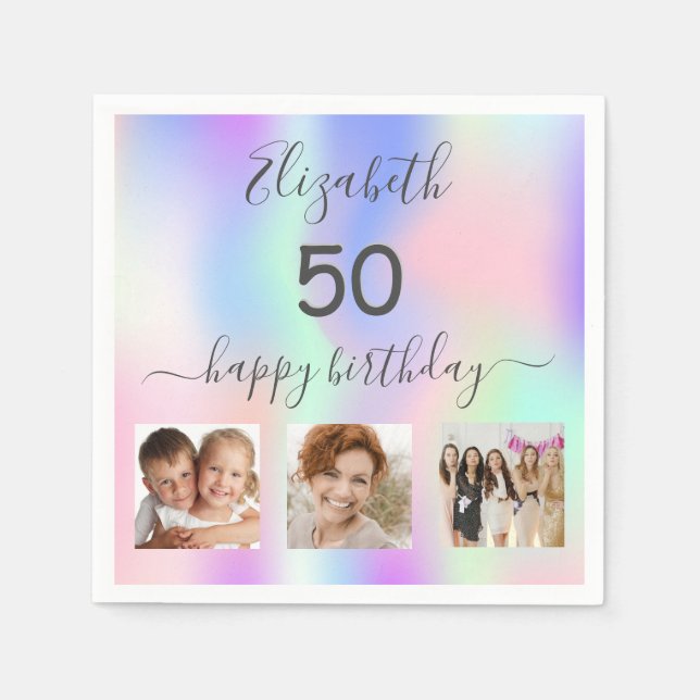 Serviette En Papier Anniversaire fête personnalisée photo holographiqu (Devant)