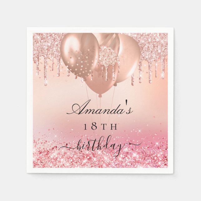 Serviette En Papier Anniversaire fête rose or blush ballons nom (Devant)