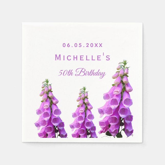 Serviette En Papier Anniversaire fête rose violet fleuri blanc nom (Devant)