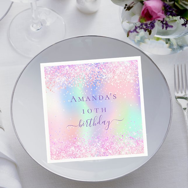 Serviette En Papier Anniversaire fête rose violet holographique (Créateur téléchargé)