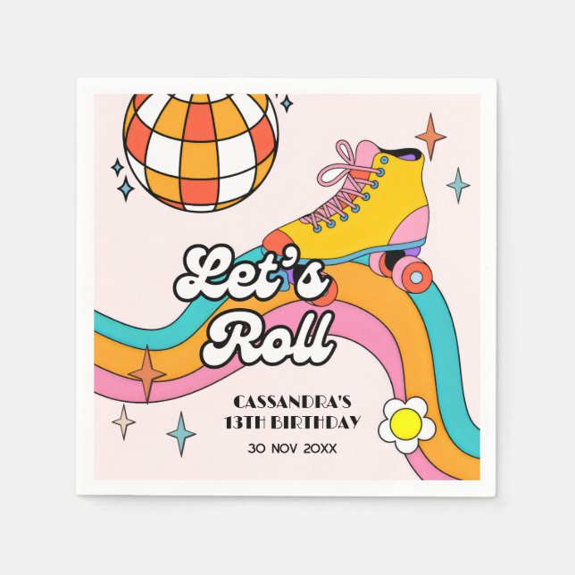 Serviette En Papier Anniversaire Fille de Rétro Patin à Roulettes Let' (Devant)